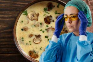 una zuppa pronta e davanti un medico esperto in sicurezza alimentare