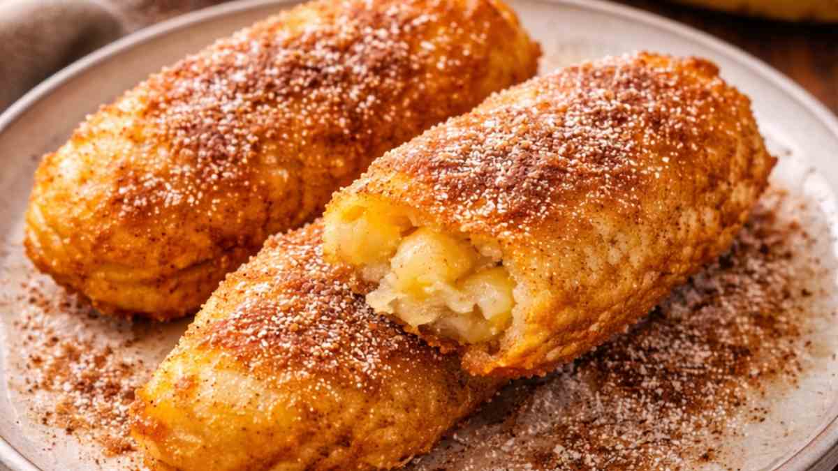 banana fritta in pasetlla in piatto, una banana mostra il suo interno morbido e dolce. Fuori la pastella crea una crosticina croccante e caramellata profumata di cannella