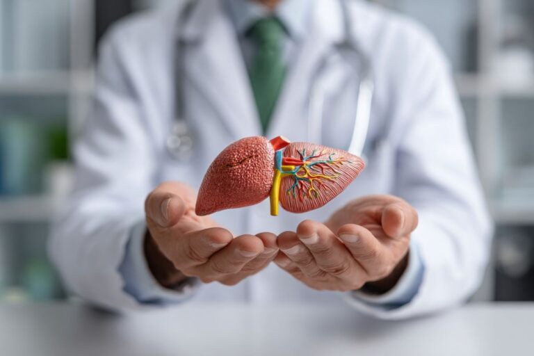 dottore con modellino di fegato