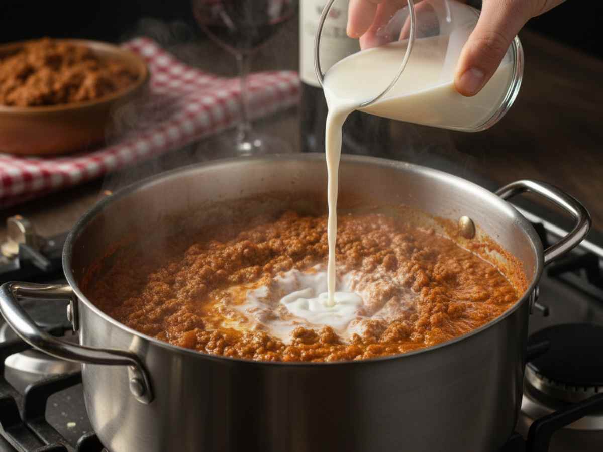persona cucina ragù e aggiunge latte in pentola