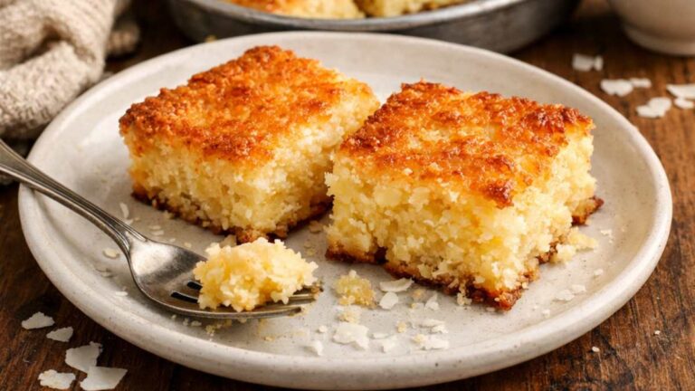 un piatto con due quadrotti di torta soffice umida al cocco ricetta brasiliana